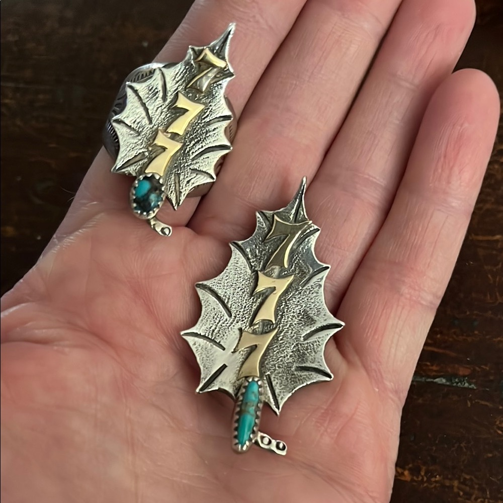 Sterling Silver and Gold Lucky 777 Leaf Ring and Pendant NA Turquoise